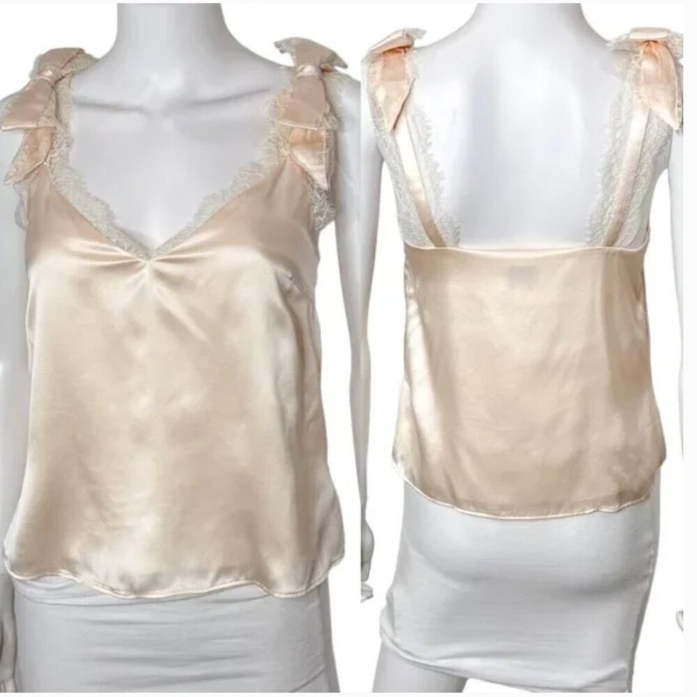 CAMI NYC Freya V Neck Silk Lace Trim Bow Shoulder Cami Top in Ceramic Ivory XXS